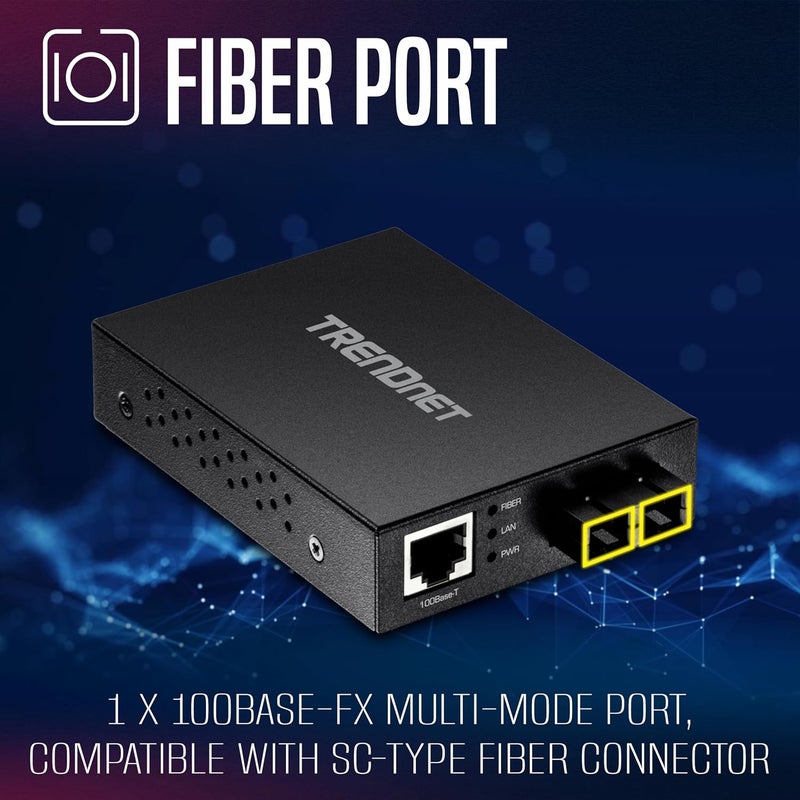 Trendnet 100 Base-T to 100 Base-FX Multi-Mode SC Fiber Converter, Standalone, 10/100 Mbps Auto-MDIX Fast Ethernet Port, Fiber Networking up to 2 km (1.25miles), 200 Mbps Switching Capacity, TFC-FMSC - Image 3
